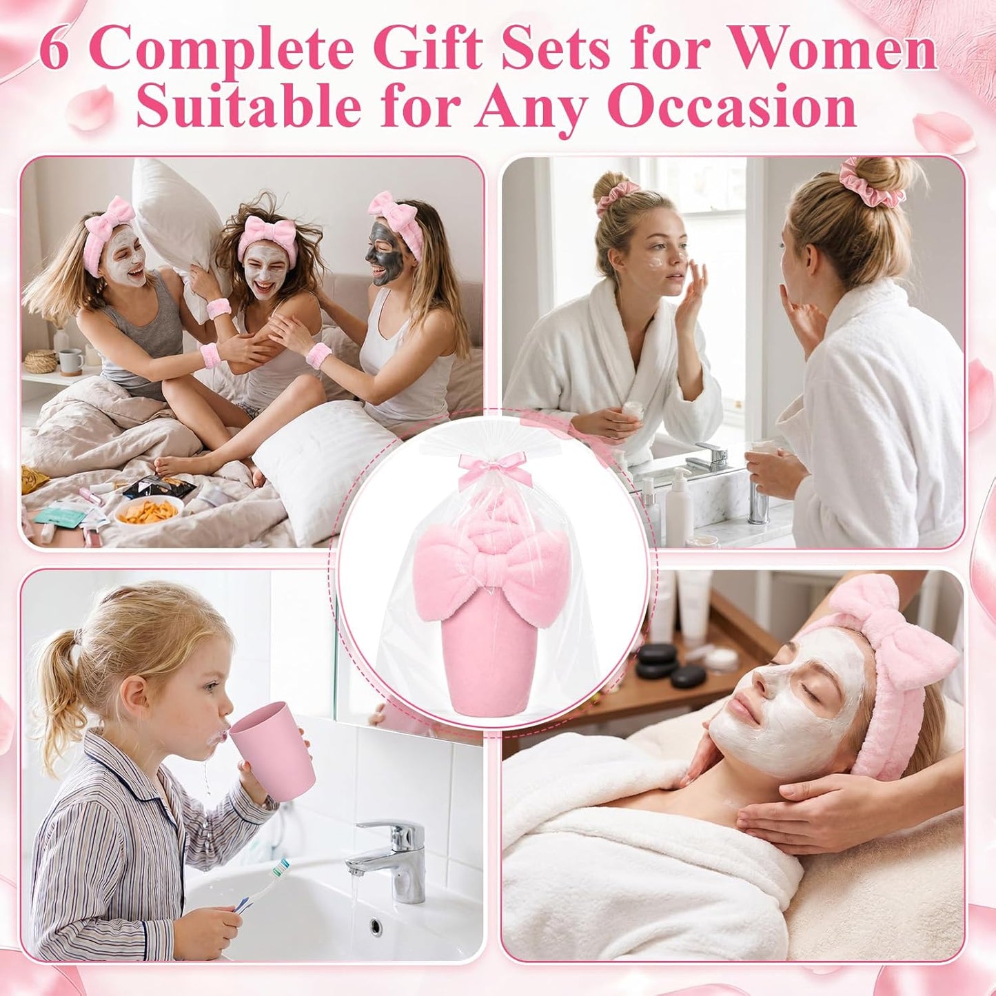 6 Set Sleepover Party Supplies for Girls Pink Toothbrush Cup Bow Headband Wristbands Scrunchies Slumber Gift for Women Birthday Bachelorette Sleepover Party Favors