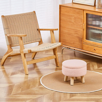 Wimarsbon Storage Ottoman, Modern Round Footrest with Soft Padded Seat, Teddy Velvet Footstool with Wood Legs, Accent Small Table or Plant Stand for Hallway, Living Room (Pink)