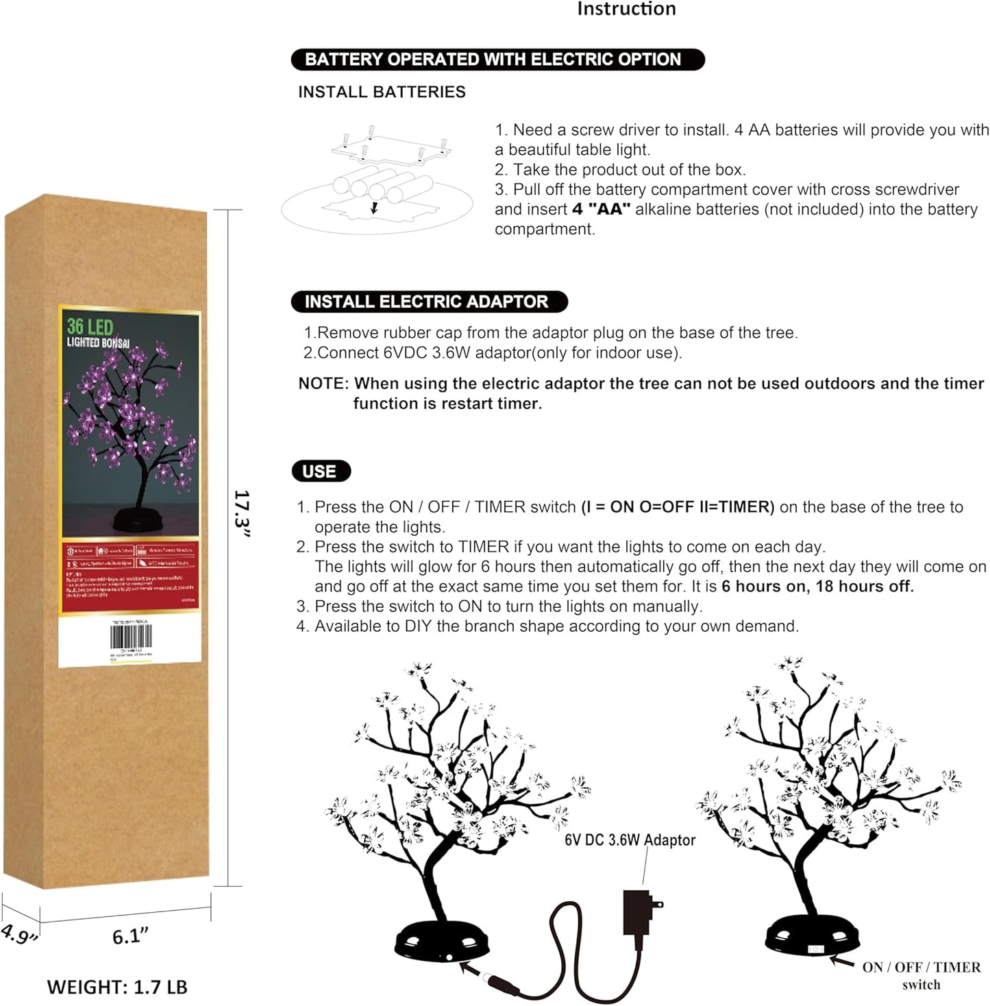 LIGHTSHARE 18-inch Crystal Flower LED Bonsai Tree, Pink Light, 36 LED Lights, Battery Powered or DC Adapter(Included), Built-in Timer