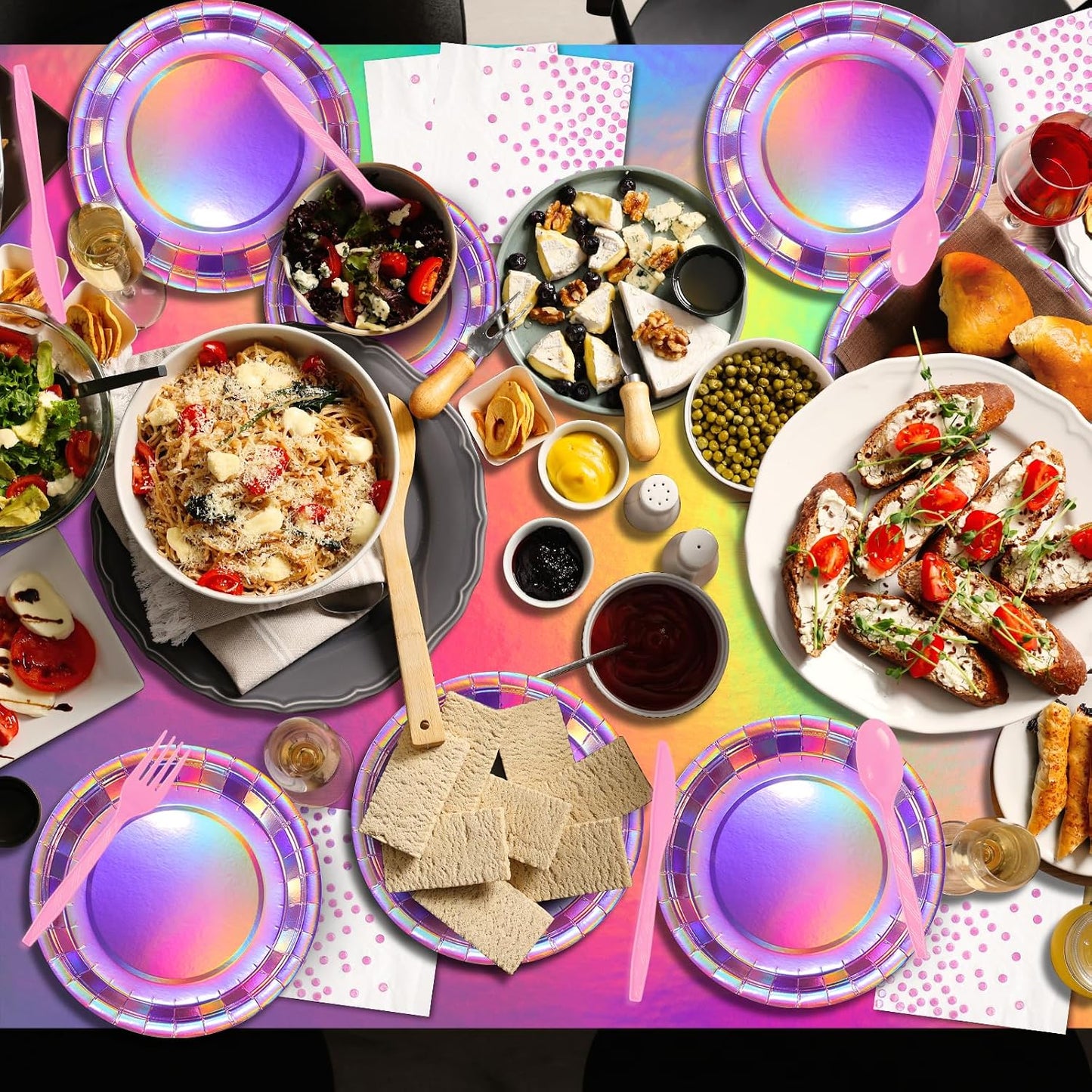 Iridescent Pink Party Supplies Decorations Serve 25, Hot Pink Holographic Paper Plates and Napkins Set, Disposable Pink Paper Plates Cups Knives Spoons Fork for Mermaid Disco Kpop Birthday Party Decor