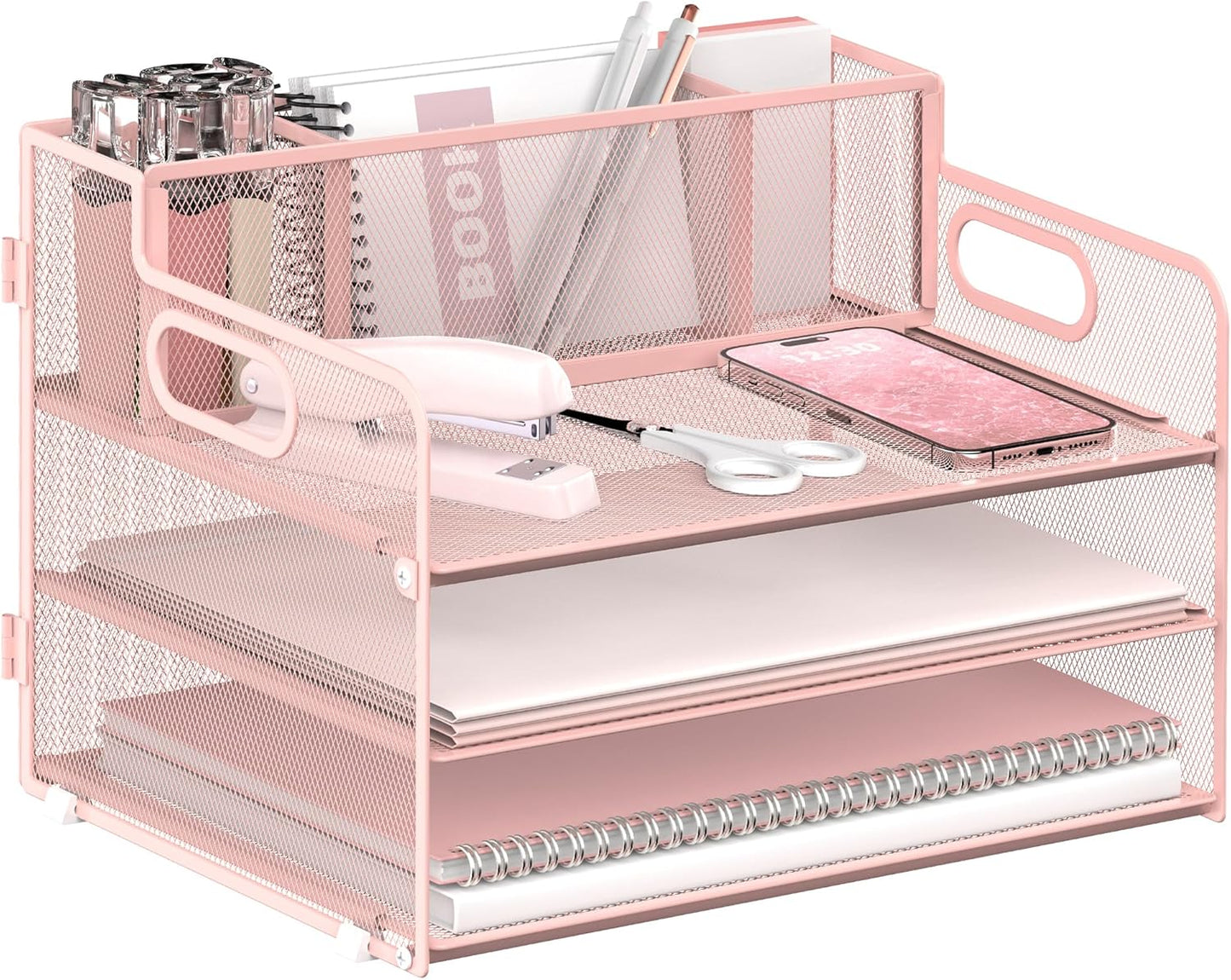 3 Tier Paper Letter Tray Organizer with Pen Holder for Desk, Black Metal Mesh Desk File Folder Sorter Organizer with Handle and Sliding Tray for Home, Office, School Supplies Organization(Pink)
