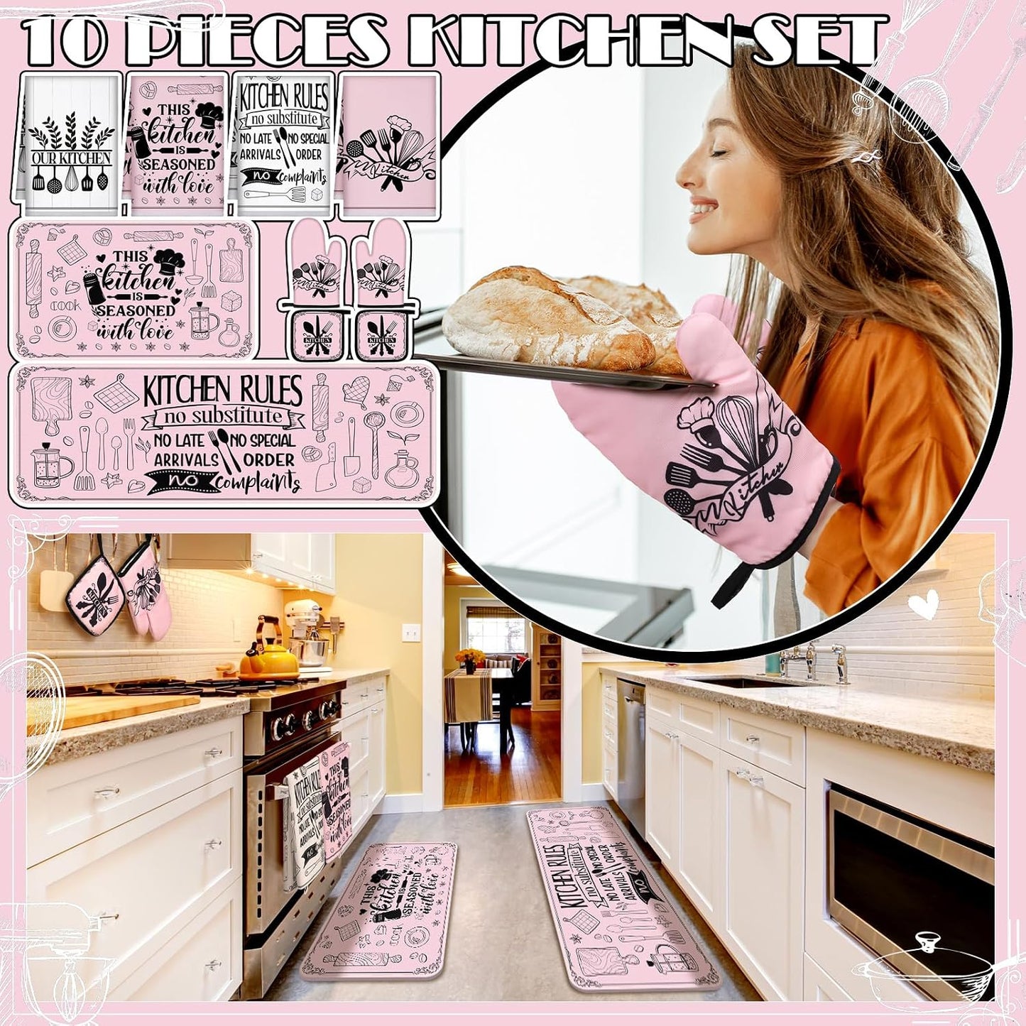 Fourluoo 10 Pcs Farmhouse Kitchen Decor and Accessories Set 4 Kitchen Towels 2 Pot Holders 2 Oven Mitts 2 Rugs for Cooking Baking Mom Housewarming Gifts(Soft Pink,Appealing Style)