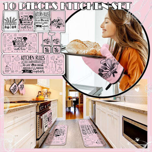 Fourluoo 10 Pcs Farmhouse Kitchen Decor and Accessories Set 4 Kitchen Towels 2 Pot Holders 2 Oven Mitts 2 Rugs for Cooking Baking Mom Housewarming Gifts(Soft Pink,Appealing Style)