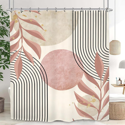 Abstract Pink Modern Shower Curtain 60Wx72L Inch Minimalist Geometric Contemporary Neutral Aesthetic Plant Leaves Mid Centry Bathroom Set Accessories Decor with 12 Pack Hooks