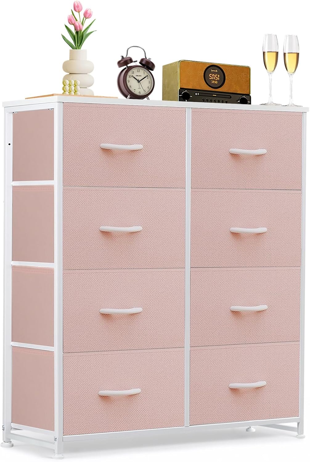 8-Drawer Dresser for Bedroom, Anti-Tip Tall Storage Organizer Chest of Drawers with Wooden Top and Metal Frame Fabric Bins for Closet, Living Room, Hallway, Entryway, Pink