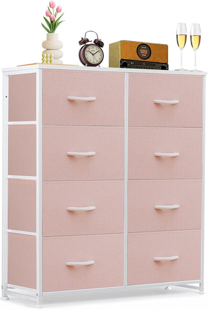 8-Drawer Dresser for Bedroom, Anti-Tip Tall Storage Organizer Chest of Drawers with Wooden Top and Metal Frame Fabric Bins for Closet, Living Room, Hallway, Entryway, Pink