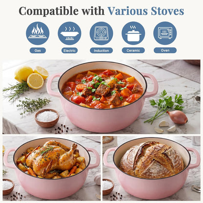 Sweetcrispy 6 Quart Cast Iron Dutch Oven with Lid, Enameled Heavy Duty Cookware, Oven Safe to 500°F, Perfect for Bread Baking, Braising, Roasting & Stews, Moisture-Locking Lid, Dual Handles, Pink