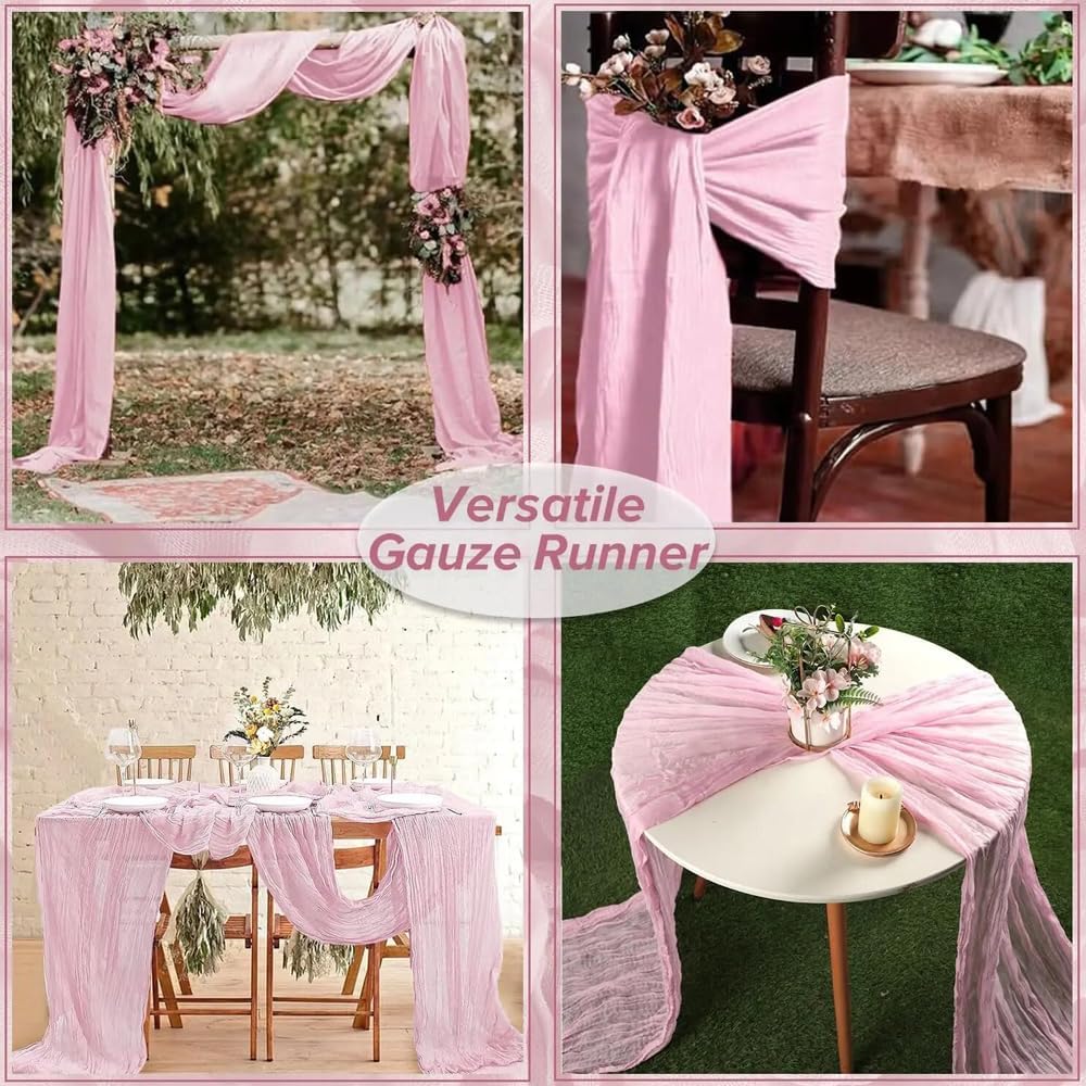 6 Pack Cheesecloth Table Runner - 35x120 Inch Light Pink Boho Table Runners, 10ft Gauze Fabric Runners for Wedding, Birthday, Baby Shower, Rustic Party Decor, Sheer Table Decoration
