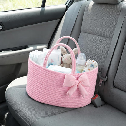 Hushee Pink Bow Baby Diaper Caddy Organizer Baby Gift Bag with Handle Nursery Diaper Basket Organizer for Newborn Boy and Girl Storage Bin for Diapers Wipes New Mom Gift