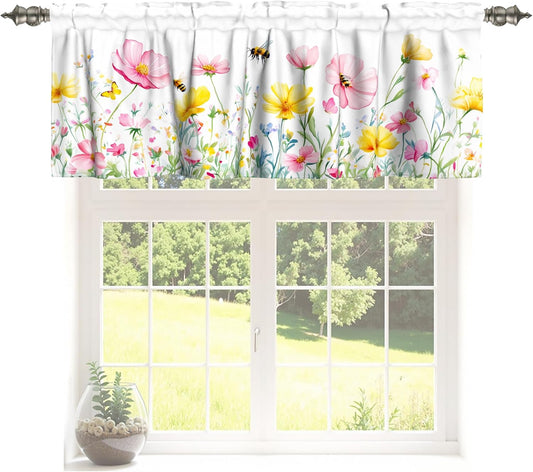 Spring Floral Window Valance for Kitchen 54"x18" Pink Yellow Wildflowers Flowers Bees Short Curtains Farmhouse Decorative Rod Pocket Window Valance for Living Room, Bedroom, Bathroom