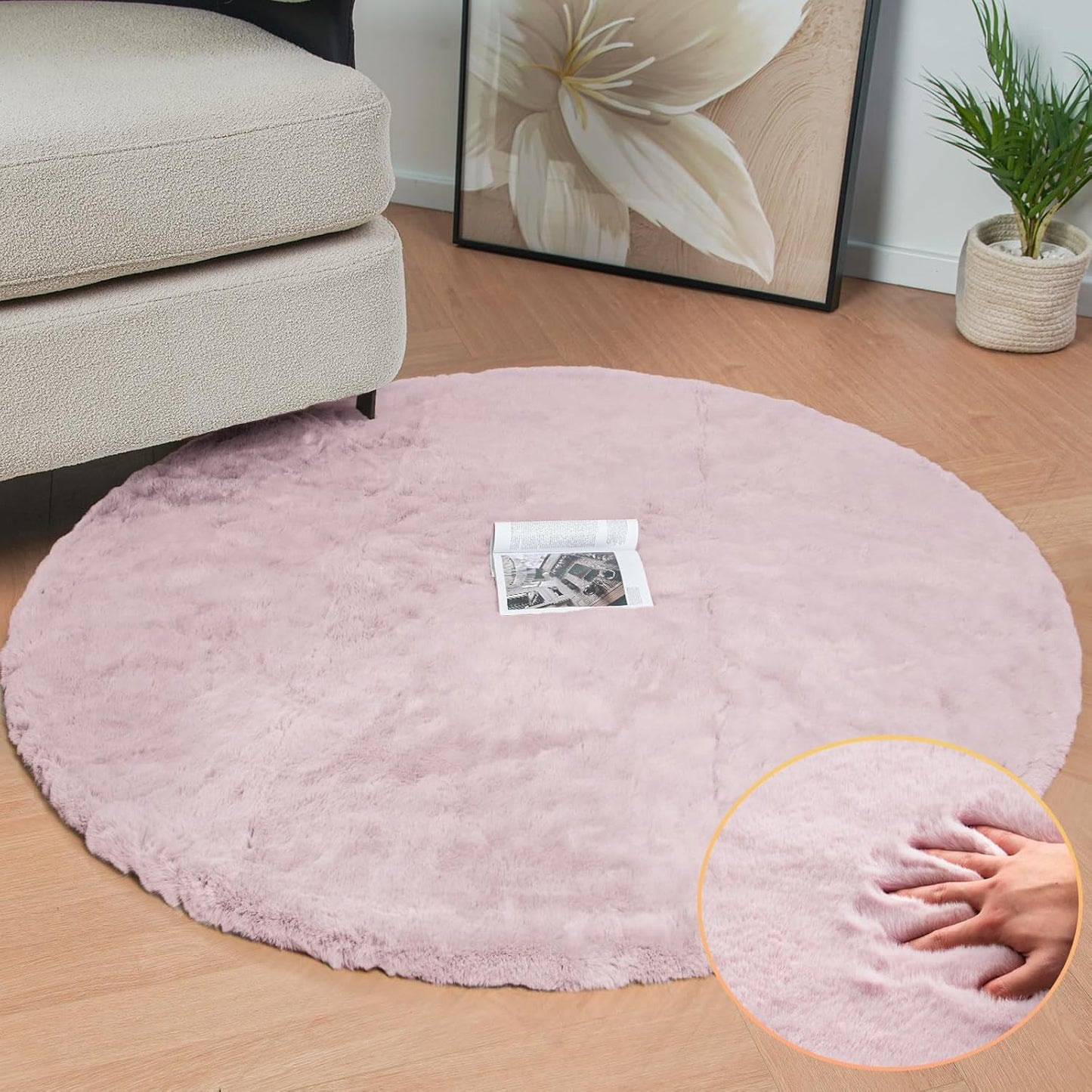 ORINOVA Pink Washable Fluffy Rugs for Bedroom Small Circle Faux Rabbit Shag Fur Area Rugs for Living Room Nursery Round Rug 3ft Rug