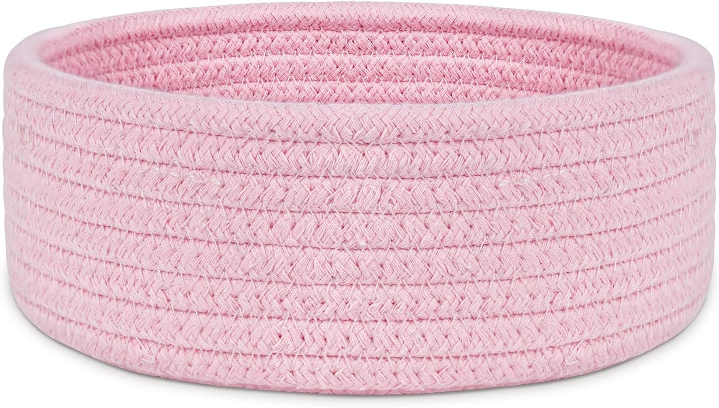 ABenkle Small Woven Basket, Empty Tiny Shallow Storage Baskets, Mini Cotton Rope Baskets, Round Decorative Hamper, Basket Storage Bins for Toys, Spa, Socks, Nursery, Living Room- Pink