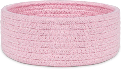 ABenkle Small Woven Basket, Empty Tiny Shallow Storage Baskets, Mini Cotton Rope Baskets, Round Decorative Hamper, Basket Storage Bins for Toys, Spa, Socks, Nursery, Living Room- Pink
