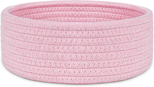 ABenkle Small Woven Basket, Empty Tiny Shallow Storage Baskets, Mini Cotton Rope Baskets, Round Decorative Hamper, Basket Storage Bins for Toys, Spa, Socks, Nursery, Living Room- Pink