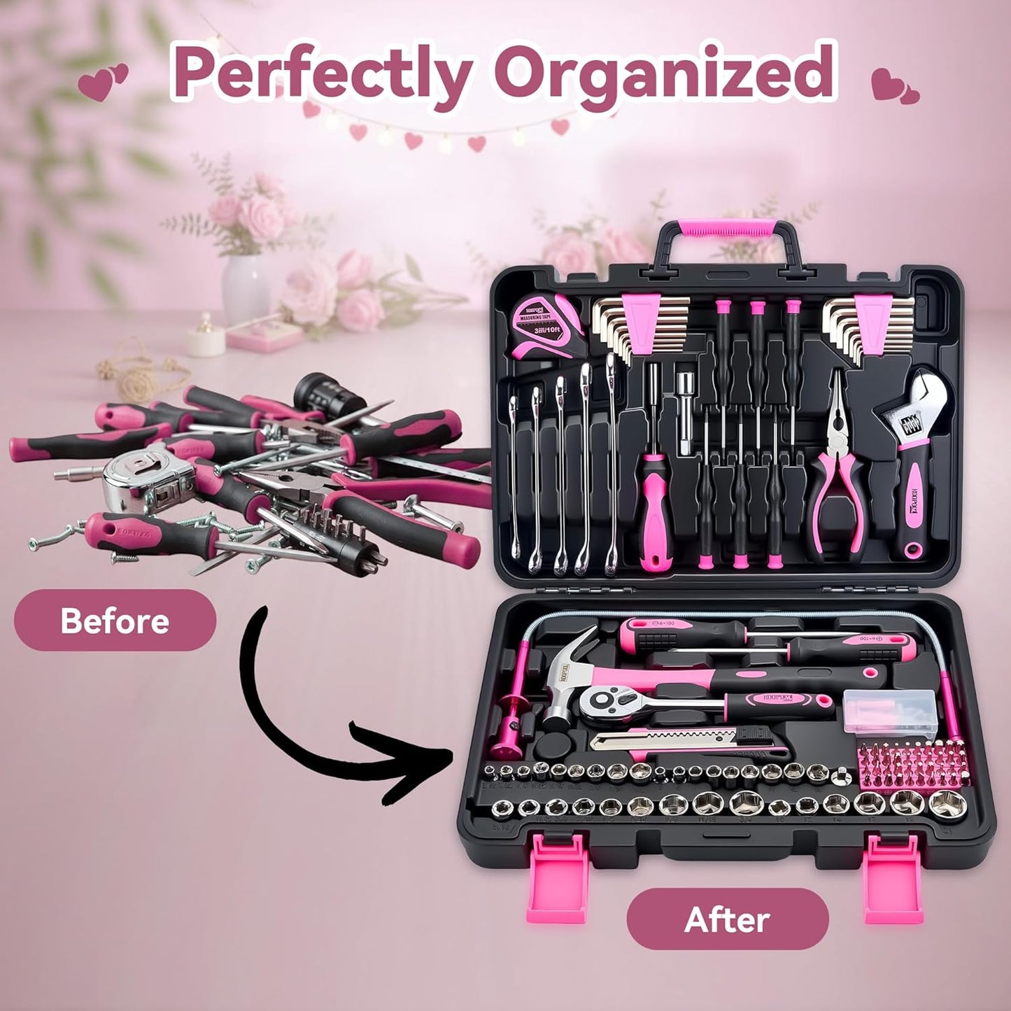 KOOPOOL 159 Piece Pink Tool Set, Tool Kit for Women, General Household pink tool kit for Home Auto Repair, Basic Mechanic Tool Box, with Storage Case