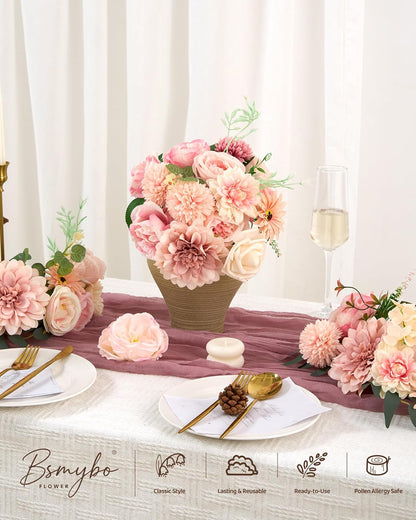 BSMYBO Roses Artificial Flowers Combo Pink Flower Bouquets Box with Stems for DIY Bridal Wedding Bouquets, Baby Shower Decorations Fake Floral Arrangements Table Centerpieces Home Decor Indoor