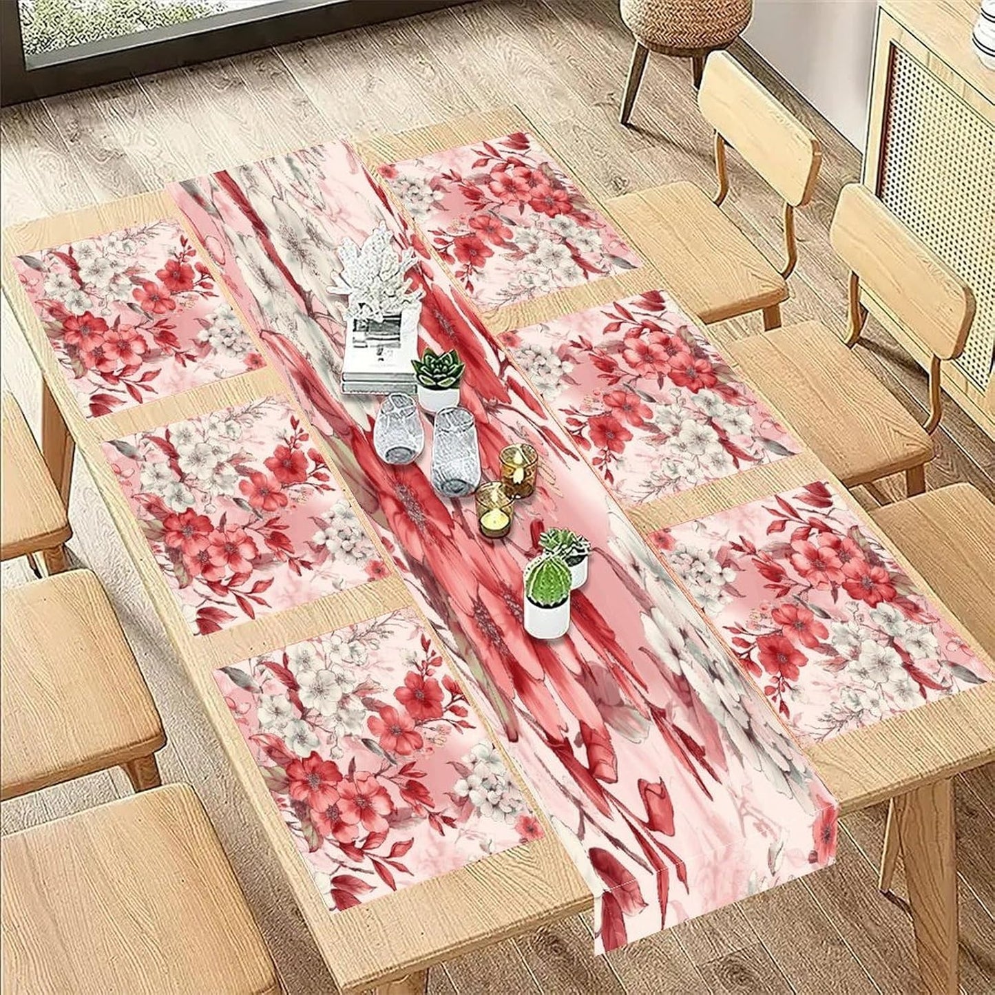 Peach Floral Pattern Placemats and Table Runner Set, Washable Linen Place Mats for Home Wedding Hotel Decoration (1 Table Runner and 6 Placemats)