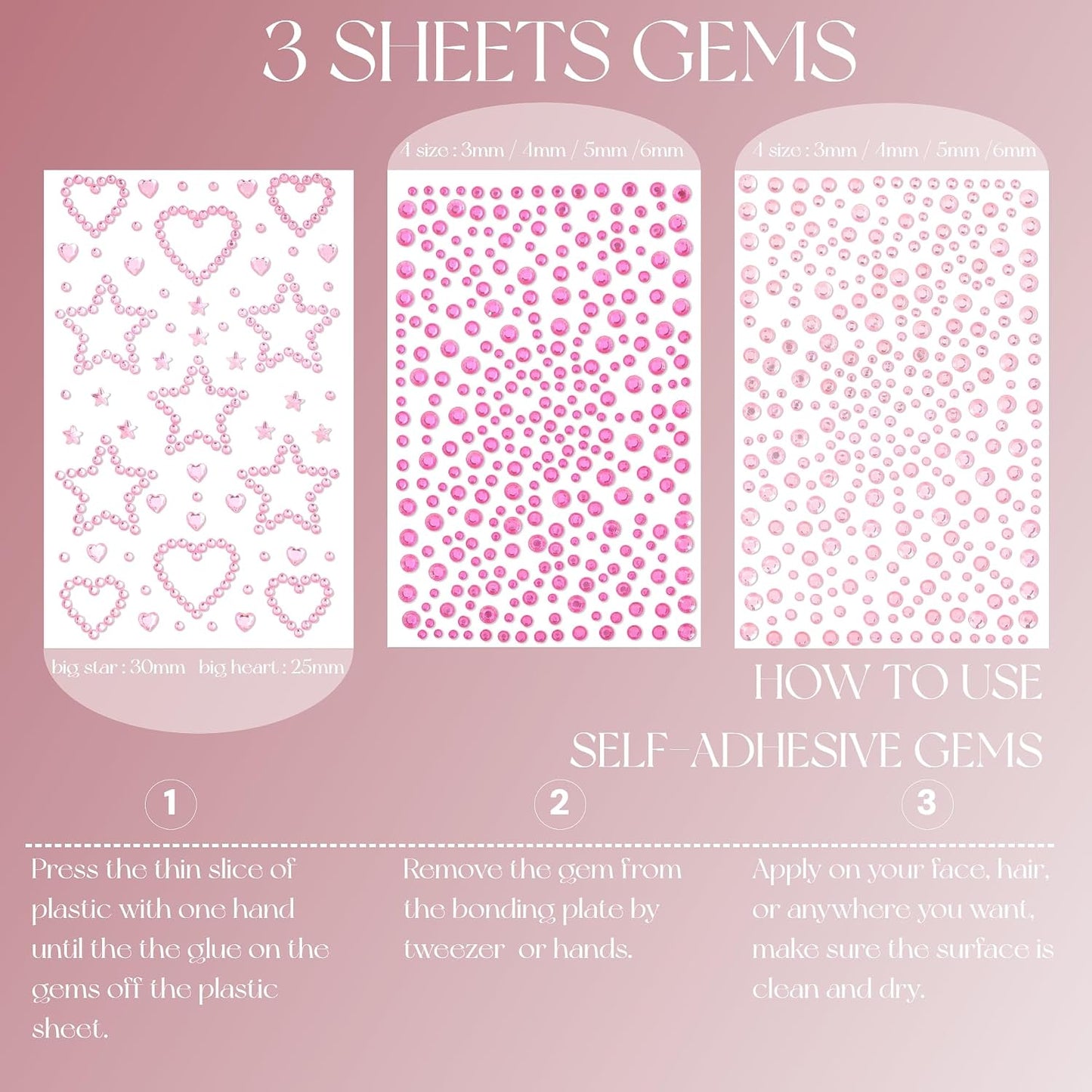Pink Face Gems Self-Adhesive Hair Jewels,Bling Heart Star Jewels for Makeup, Festival, Stick on Gems Rhinestones Stickers, Pink Face Glitter Rave Accessories for Women Girls