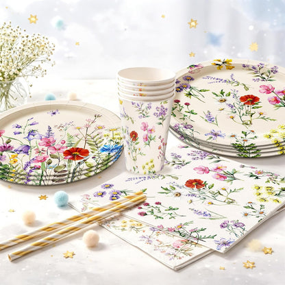 168pcs Wildflower Plates Napkins Party Supplies Disposable Paper Cups Pink Forks Tableware Set Wildflower Baby Shower Decorations for Spring Summer Picnic Tea Party 24 Guests