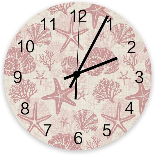 Pink Coastal Summer Wall Clock Silent Non Ticking Coral Shell Starfish Vintage Large Wall Clocks Battery Operated Decor for Home Kitchen Living Room Bathroom Office School Bedroom, 11.8 Inch