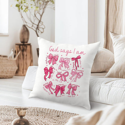 Coquette Pink Bow Christian Pillow Covers 18x18, Coquette Room Decor, God Says I Am Bow Bible Verse Religious Decorative Throw Pillow Covers for Girls Bedroom Dorm Living Room Home