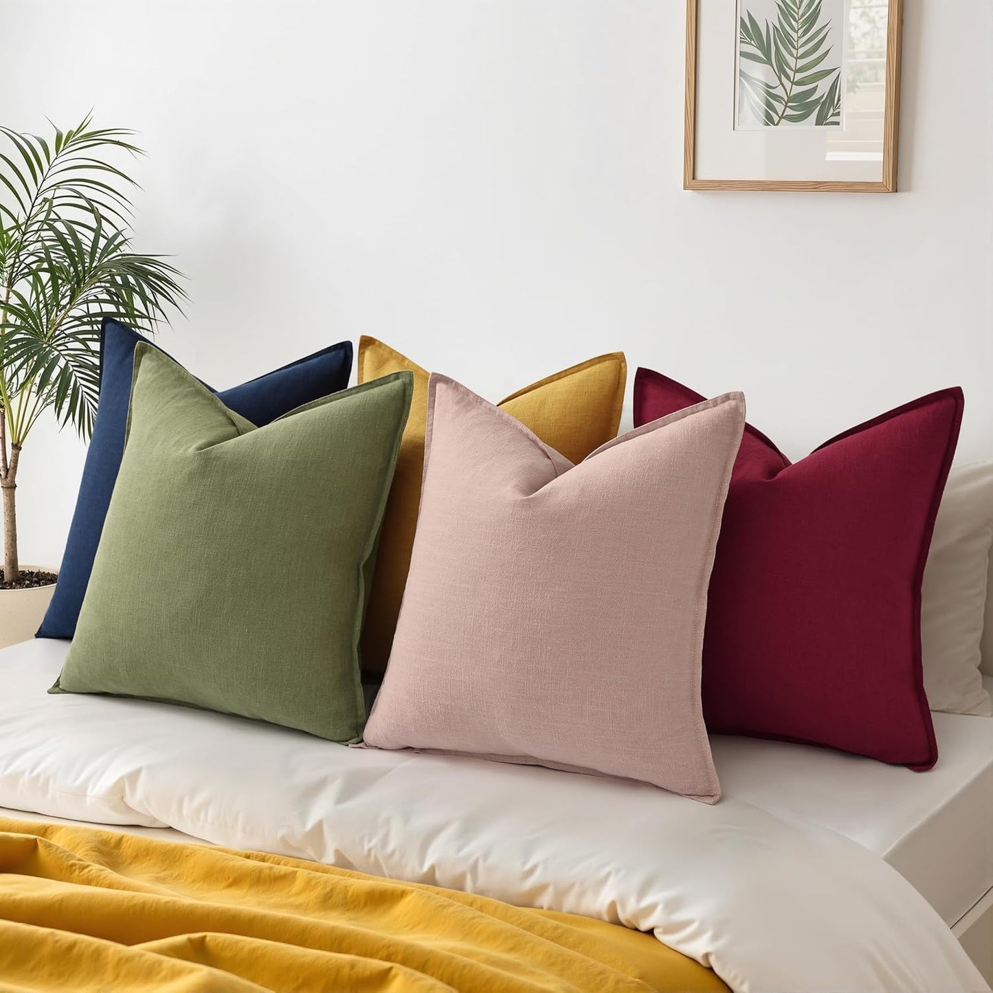 decorUhome Summer Decorative Linen Throw Pillow Covers 18x18 Inch Set of 2 Pink Pillow Covers with Flange Edges Soft Farmhouse Boho Accent Pillow Cases for Couch Bed Living Room