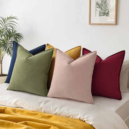 decorUhome Summer Decorative Linen Throw Pillow Covers 18x18 Inch Set of 2 Pink Pillow Covers with Flange Edges Soft Farmhouse Boho Accent Pillow Cases for Couch Bed Living Room