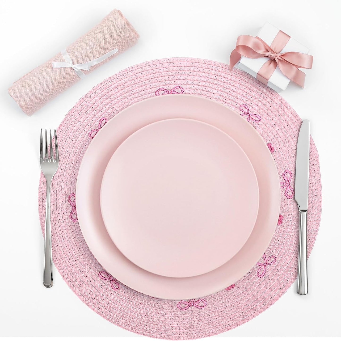Whaline 4 Pcs Pink Bow Embroidered Placemats Round Place Mats Coquette Bow Dinner Table Mats for Home Wedding Baby Shower Birthday Party Decor