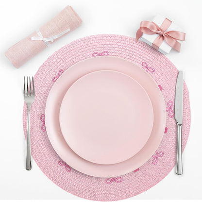 Whaline 4 Pcs Pink Bow Embroidered Placemats Round Place Mats Coquette Bow Dinner Table Mats for Home Wedding Baby Shower Birthday Party Decor