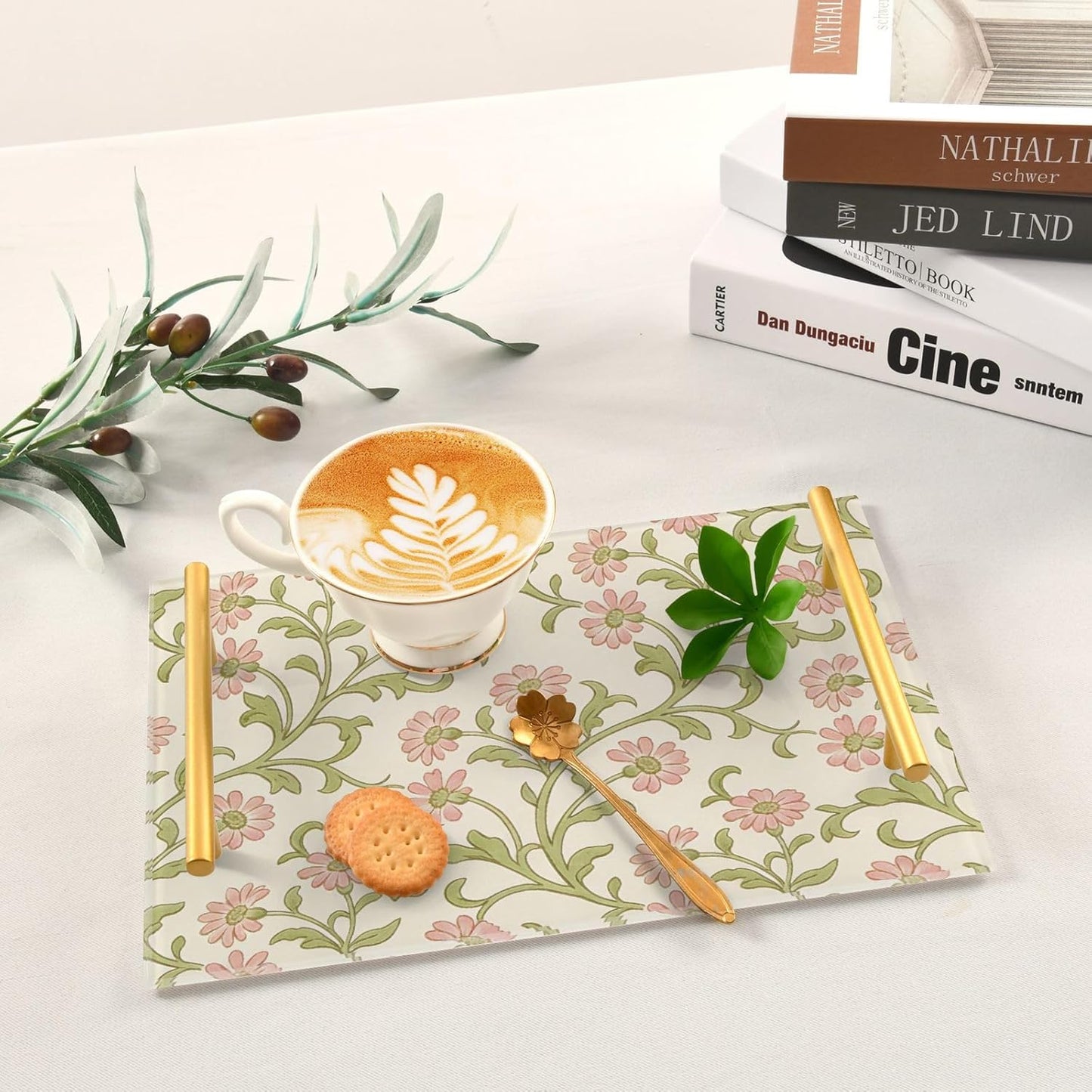 Retro Pink Small Flowers William Morris Decorative Bar Tray with Handles Coffee Table Serving Tray for Jewelry Perfume for Table Serving bandejas decorativas para sala