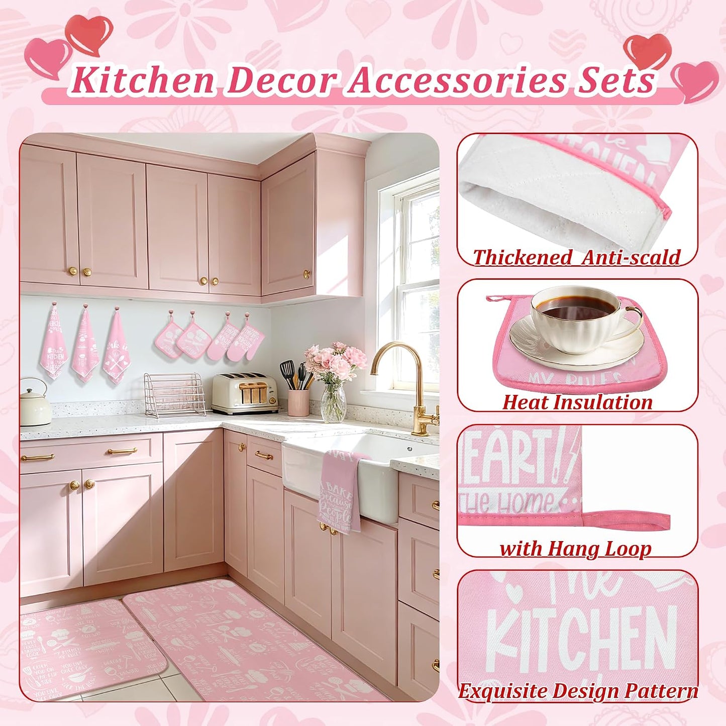 10 Pcs Pink Kitchen Dish Towels Pot Holders Oven Mitts Glove Rustic Rugs Mat Set Cute Farmhouse Kitchen Decor Accessories for Cooking Baking Home Decor Spring Housewarming Mom Gift BBQ