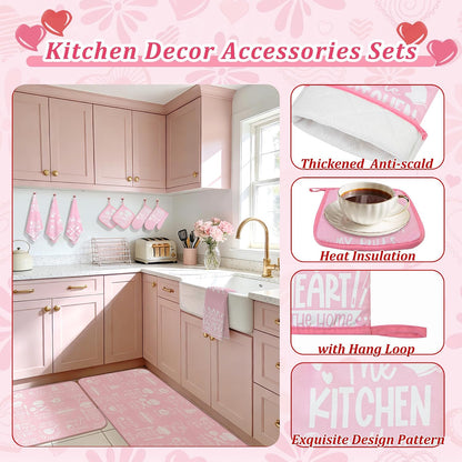 10 Pcs Pink Kitchen Dish Towels Pot Holders Oven Mitts Glove Rustic Rugs Mat Set Cute Farmhouse Kitchen Decor Accessories for Cooking Baking Home Decor Spring Housewarming Mom Gift BBQ