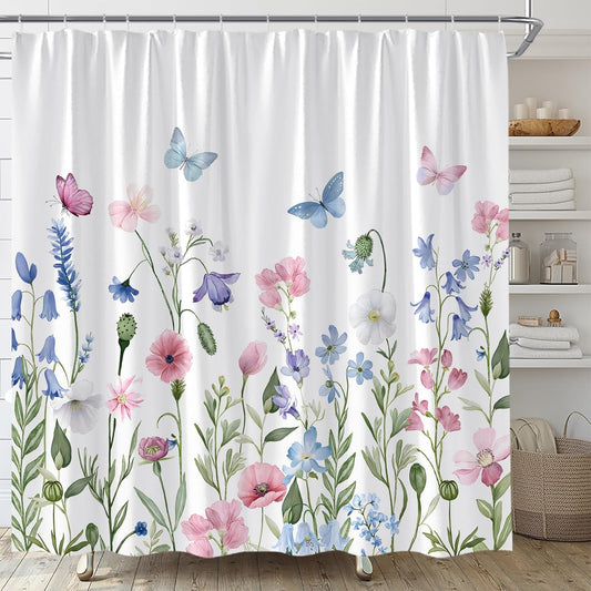 Watercolor Floral Shower Curtain Spring Pink Blue Flower Wildflower Butterfly Plants Fabric for Bathroom Decor Bathtub with Hooks (70" WX70 H)