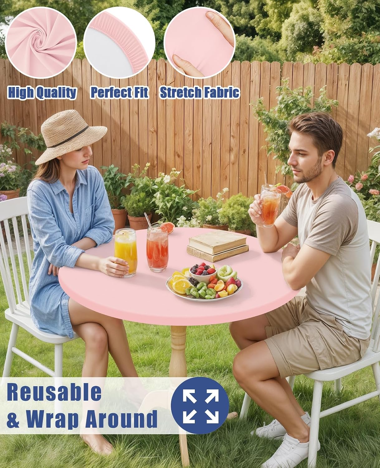Moosfor Round Spandex Tablecloth 2 Pack, Elastic Fitted Waterproof Tablecloths for 45"-56" Tables, Stretch Washable Picnic Table Cover for Camping, Dining, Indoor and Outdoor, Pink