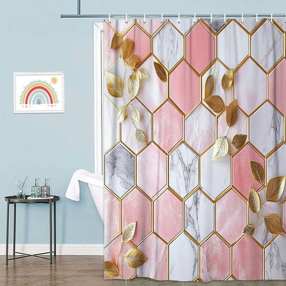 JAWO Pink Shower Curtain, Modern Abstract Geometric Shower Curtains for Bathroom Decor, Gold Leaves Waterproof Polyester Fabric Shower Curtain with 12 Hooks, 36x72