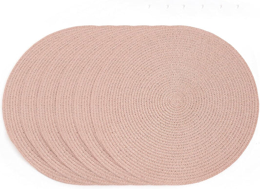 15 Inch Round Braided Woven Placemats Set of 6 Heat Resistant Non-Slip Circle Paper Table Mats for Kitchen Dining Tables (Pink)