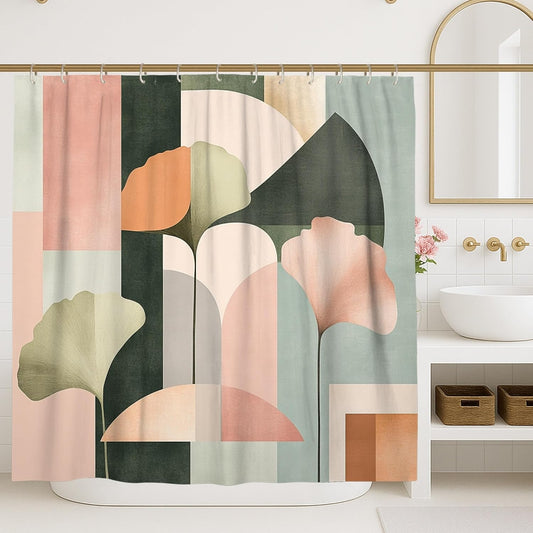 Abstract Shower Curtain, Pastel Green Peach Artistic Bathroom Decor, Spring Modern Minimalistic Waterproof Fabric Curtain with Hooks 62x72 Inch