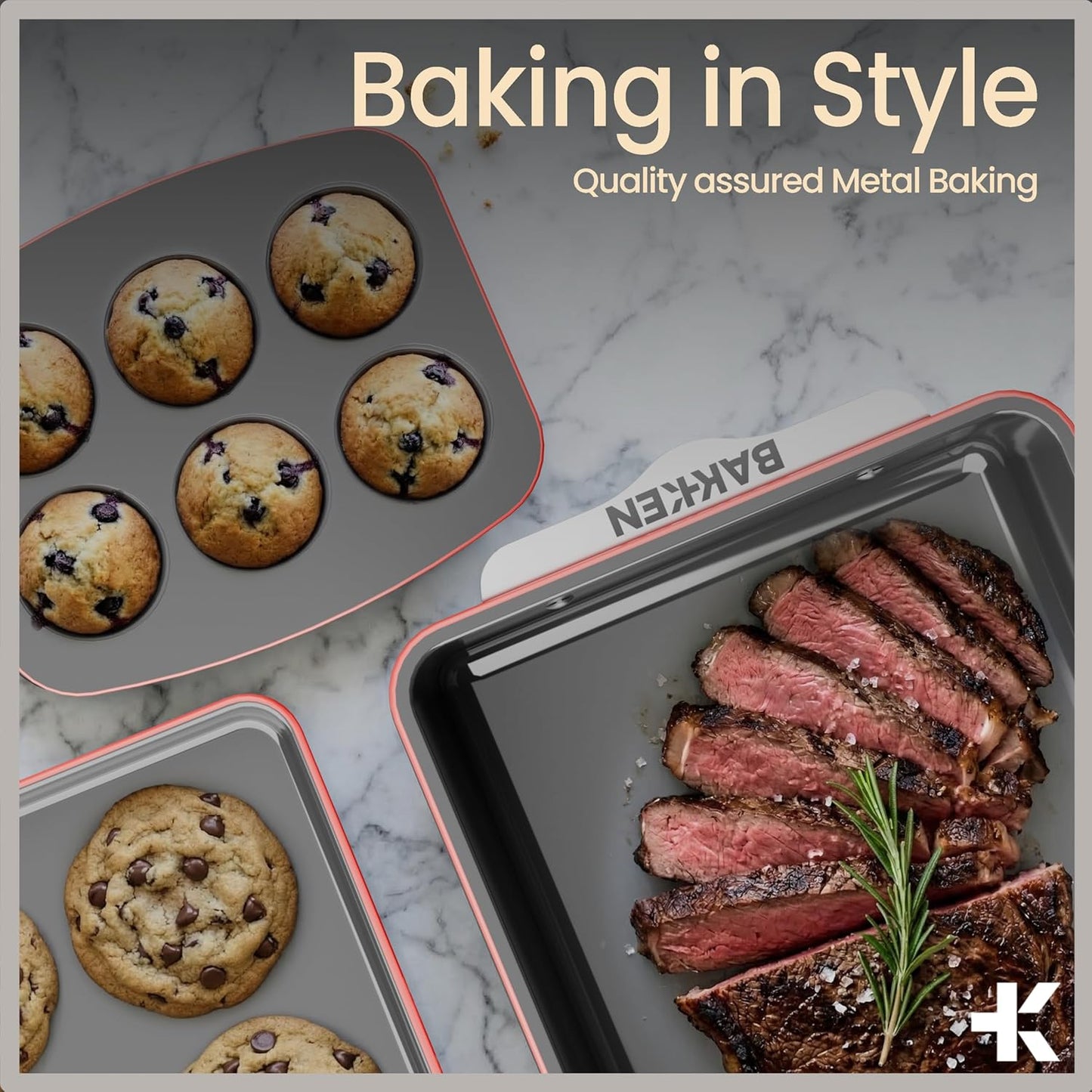 Bakken 8-Piece Ceramic Coated Bakeware Sets, Nonstick Aluminized Steel Pans with Muffin, Loaf, Cake, Roasting Pan, & Cooling Rack, Oven Safe Up To 500°F, Dishwasher Safe, BPA, PTFE & PFAS Free, Pink