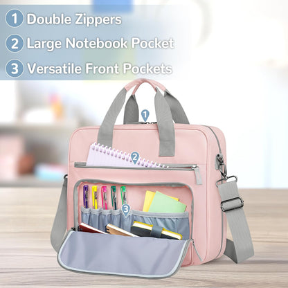 Yarwo 3 Ring Zipper Binder with Pencil Pouch, Expanding File Organizer with Padded Sleeve Fit for 14 Inch Laptop, Portable Document Organizer Bag for Home, College, Office Supplies, Pink
