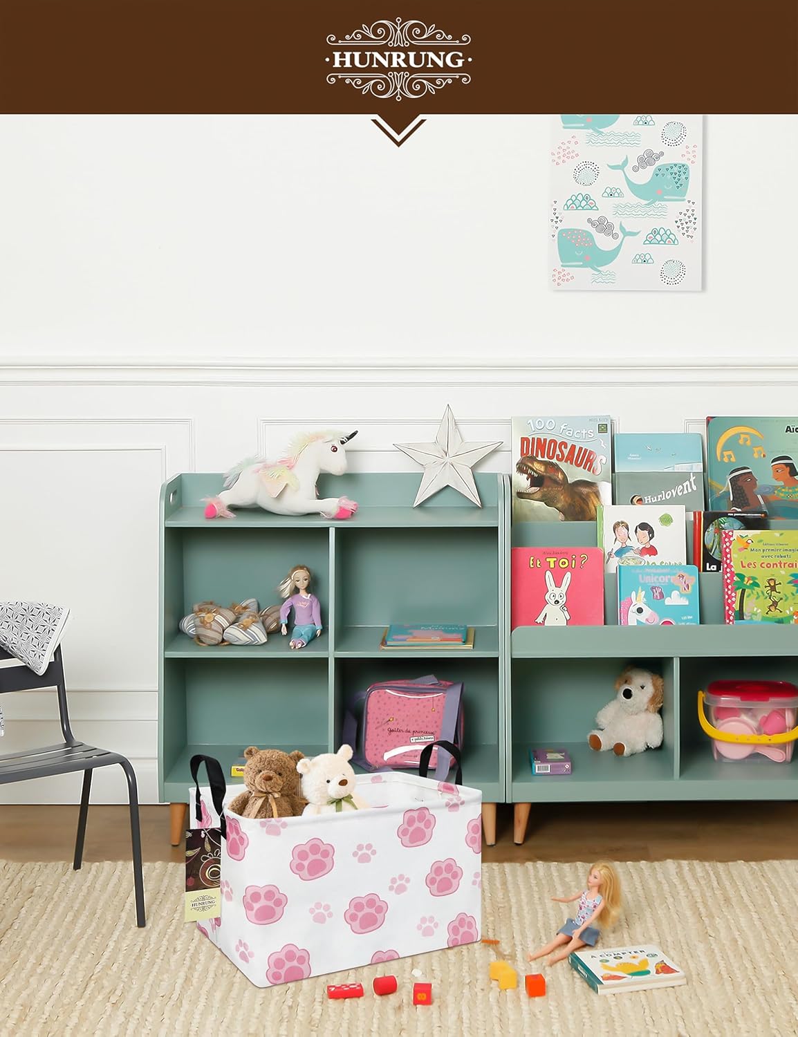Rectangle Canvas Storage Basket Foldable Waterproof Toy Organizer Bin with Handles Fabric Collapsible Storage Bins for Shelves Kids Room Playroom Nursery Clothes and Pet Supplies(REC-Pink Paw)