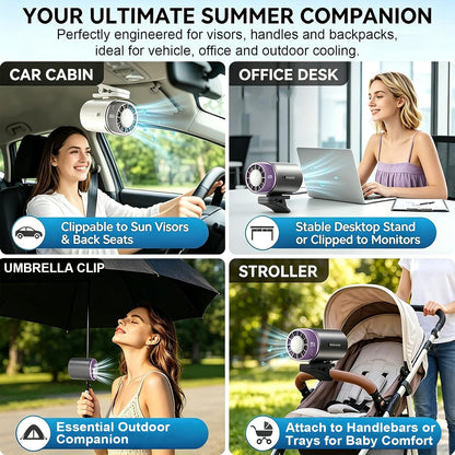 Clip On Fan with Led Display, Portable Ac for Car, 16°C Cooling System, 360° Rotation & 199 Speeds Adjustable Mini Car Fan, Car Air Conditioner, Personal Fan for Vehicle, Office, Outdoor Use (Pink)
