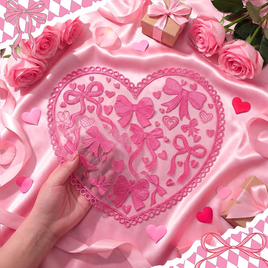 Maxdot 6 Pcs Pink Heart Placemats Coquette Bow Table Mats Lace Decorative Placemats for Anniversary Wedding Birthday Bridal Wedding Party Table Setting
