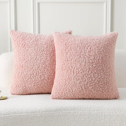 FUTEI Pink Throw Pillow Covers 18x18 Inch Set of 2,Furry Faux Fur Teddy Boucle Textured Cushion Covers,Soft Fluffy Decorative Pillow Case,Home Decor for Couch Bed Living Room Office