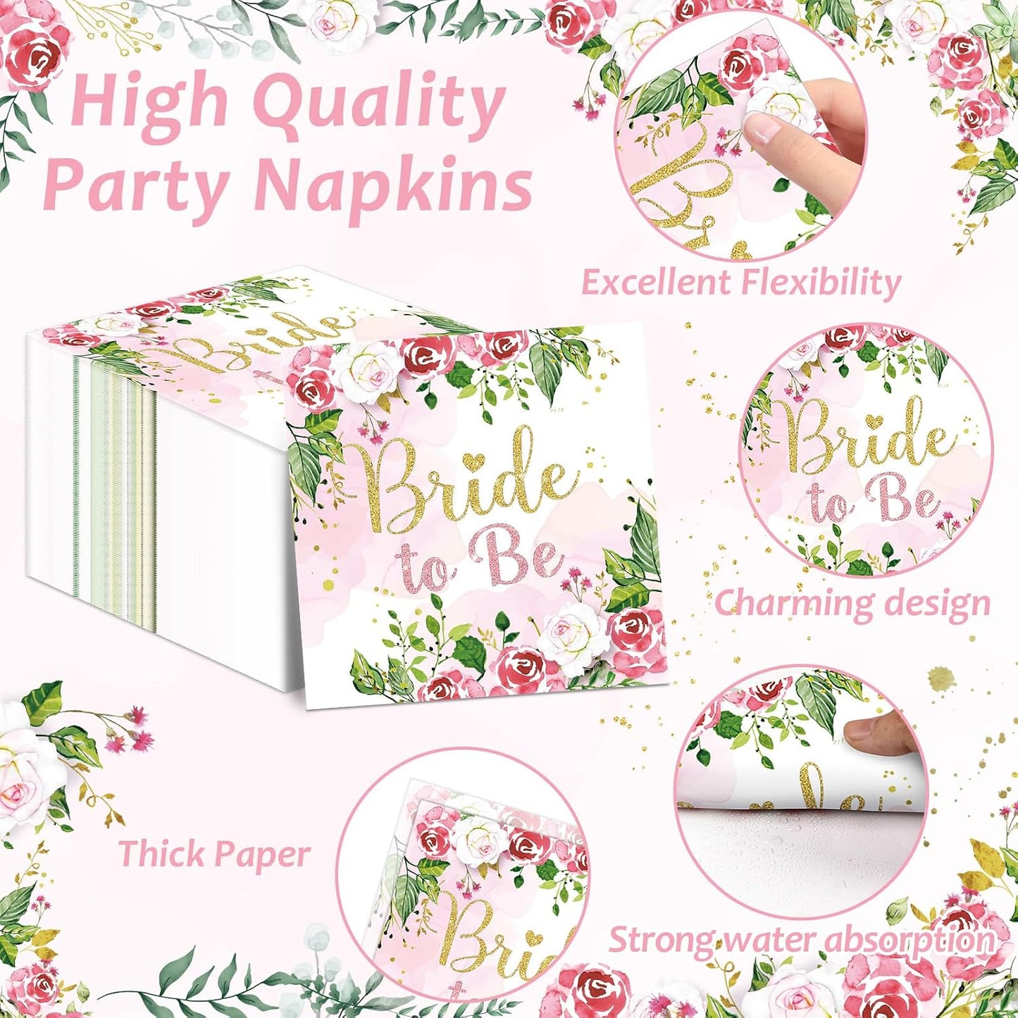 96Pcs Bridal Shower Party Decorations Floral Bride to Be Paper Plates Napkins Flower Pink Gold Wedding Tableware Set Supplies Disposable for Women Engagement Bachelorette Party Favors Serves 24