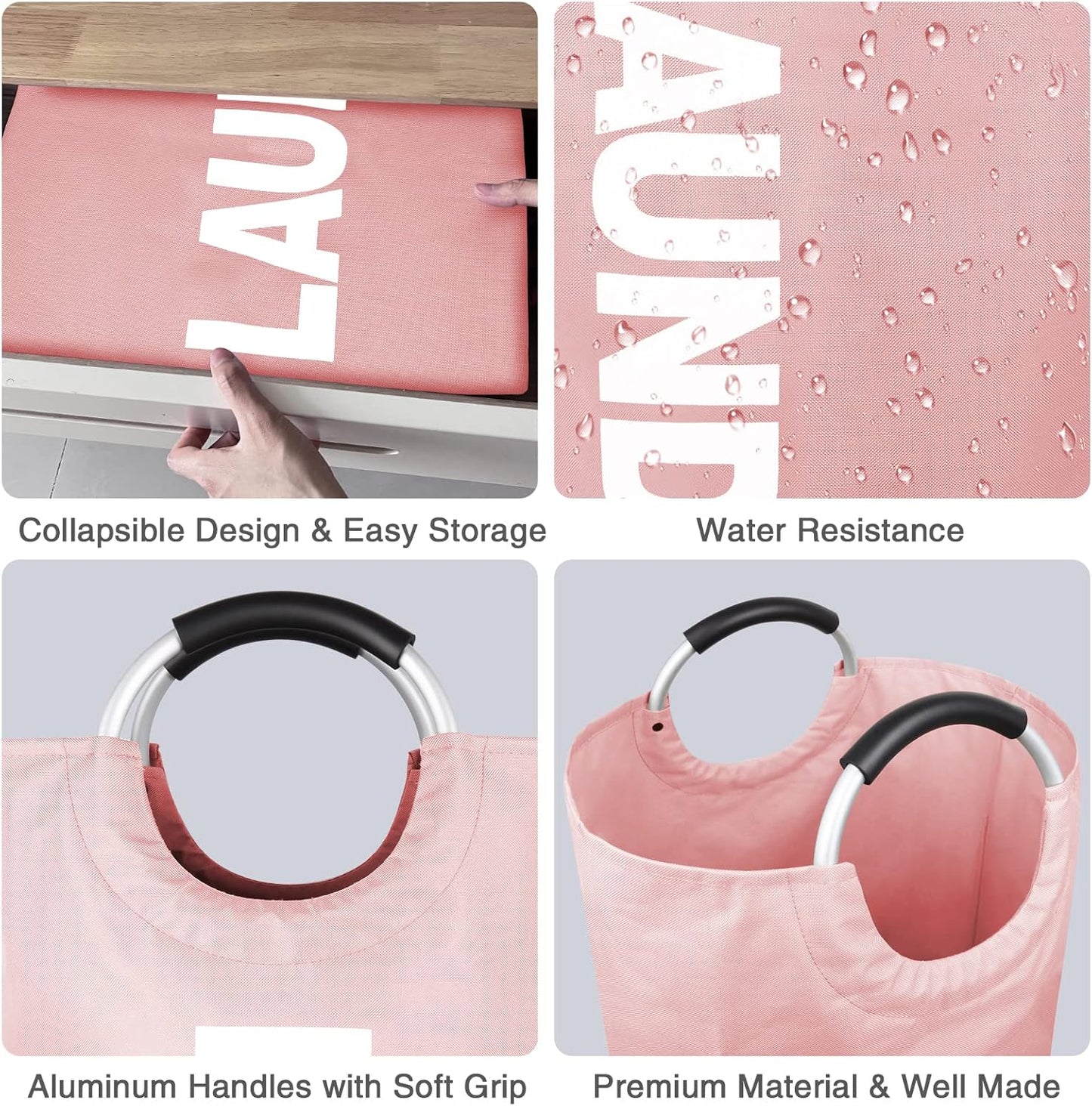 Large Laundry Basket Collapsible，Freestanding Clothes Hamper Bag with Handles – Tall Folding Dirty Laundry Bin，Sturdy Laundry Sorter for College Dorm，Laundry Room – 95L (Pink)