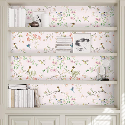 VaryPaper 17.7"x78.7" Rustic Hummingbird Floral Wallpaper Peel and Stick Decorative Purple/Pink Floral Contact Paper for Cabinets Drawers Removable Self Adhesive Mural Wallpaper for Bedroom Nursery
