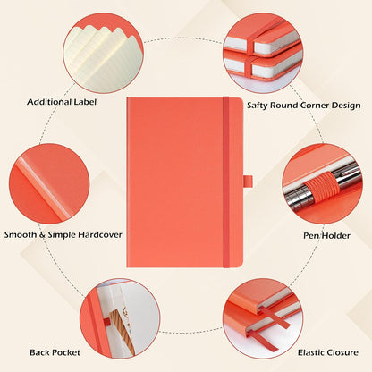 Ruled Notebook/Journal - Classic Lined Journal/Notebook, 5.3'' x 8.26'', Hardcover with Thick Paper, Banded + Pen Holder +Inner Pocket - Coral Pink