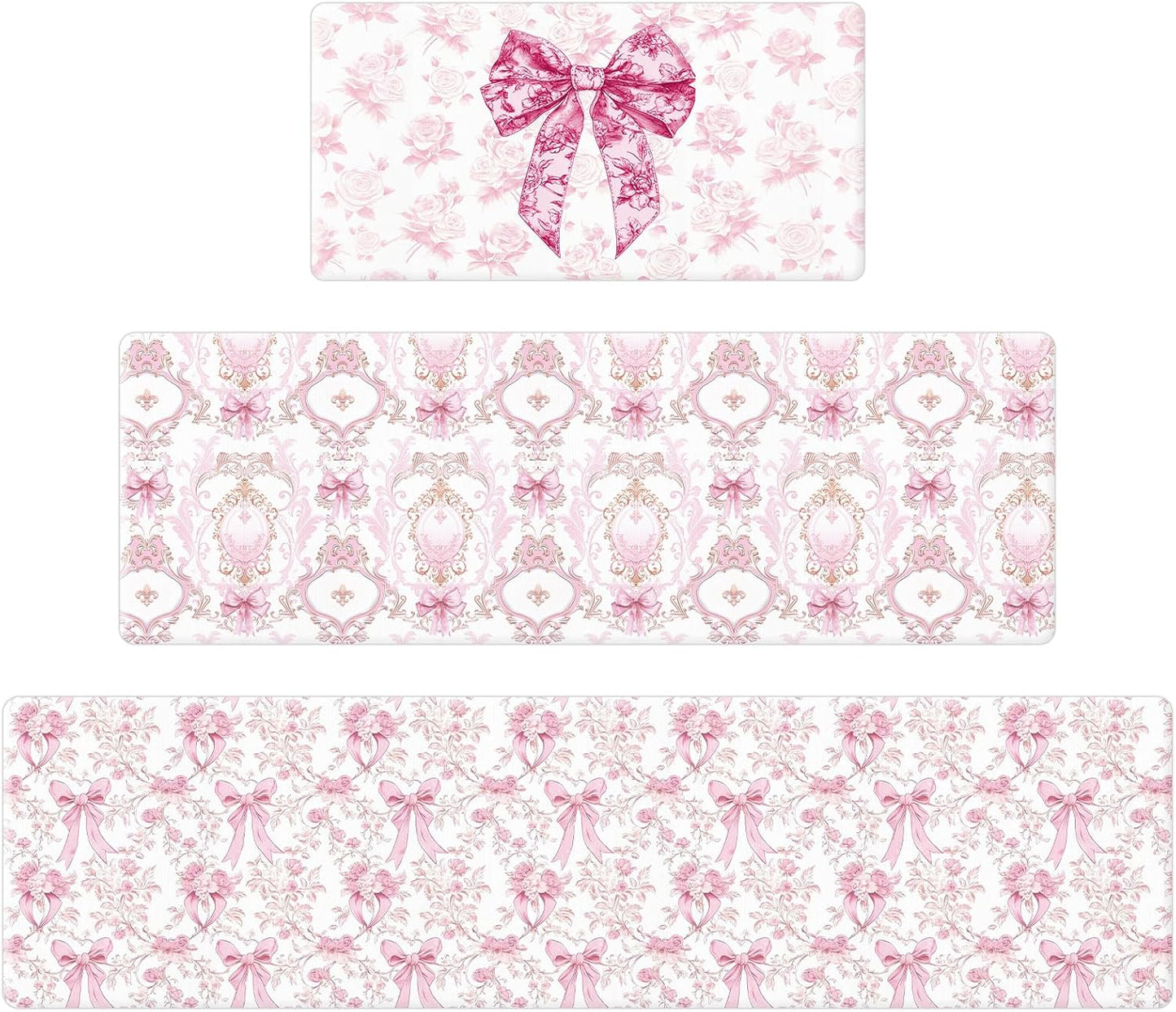 Pink Bow Kitchen Rug and Mat Set of 3, Cute Coquettte Kitchen Rugs, Non-Slip Bow Sweet Decorations for Home Indoor Bathroom Living Room Sink Laundry Floor Decor 18''x31''+18''x47''+18''x60''