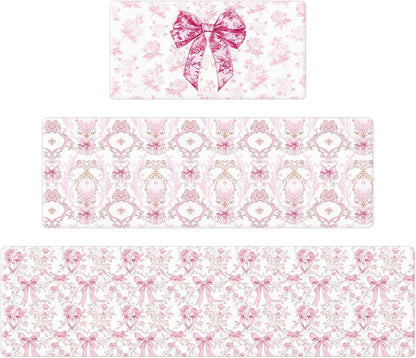 Pink Bow Kitchen Rug and Mat Set of 3, Cute Coquettte Kitchen Rugs, Non-Slip Bow Sweet Decorations for Home Indoor Bathroom Living Room Sink Laundry Floor Decor 18''x31''+18''x47''+18''x60''
