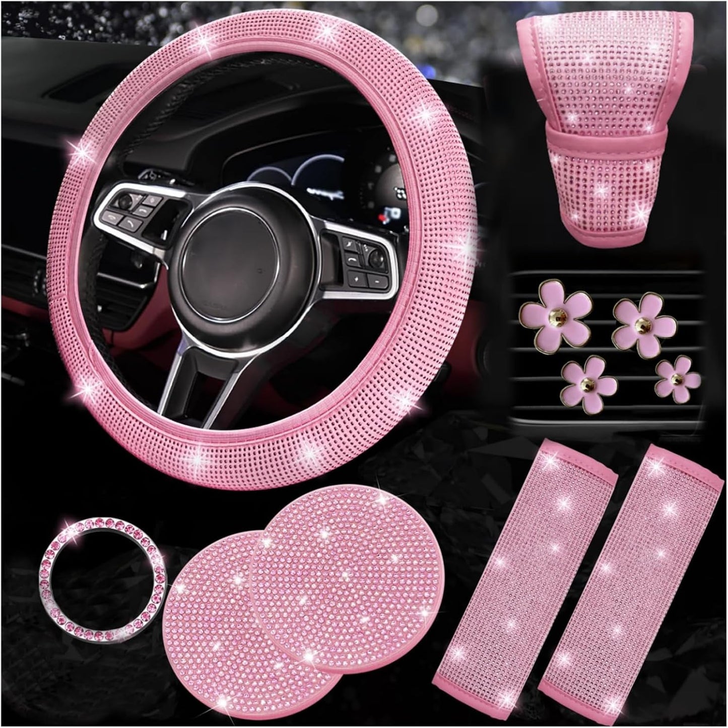 11 pcs Bling Car Accessories Set for Women, Steering Wheel Cover, Sparkly Seat Belt Covers, Daisy Vent Clips, Bling Shift Cover，Universal Fit Most Cars (Pink Diamond)